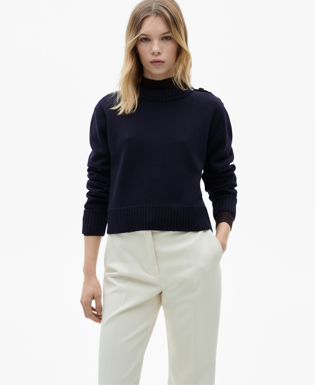 Mango Button Shoulder Mock Neck Sweater In Blue