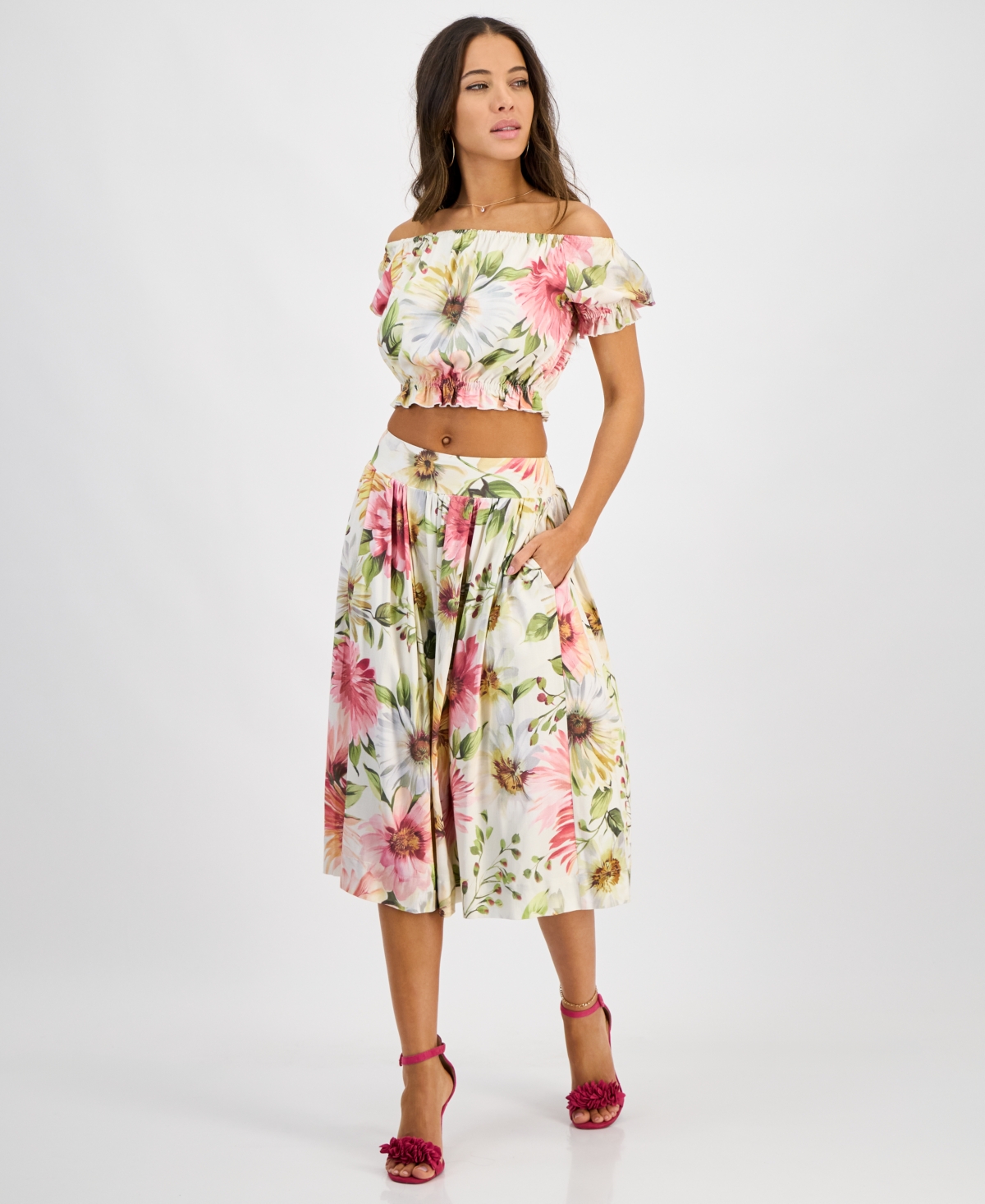Guess Elodie Cropped Top Matching Midi Skirt In Painted Daisies Print