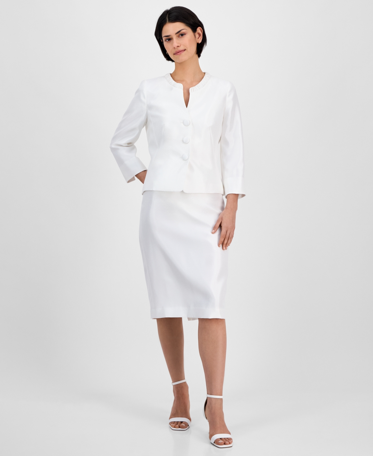 Le Suit Women's Collarless Three-button 3/4-sleeve Jacket & Slim Skimmer Skirt In Natural White