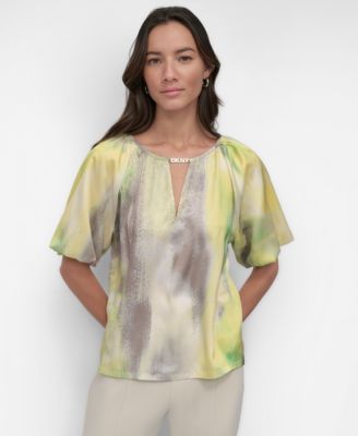DKNY - Women's Printed Puff-Sleeve Keyhole Blouse