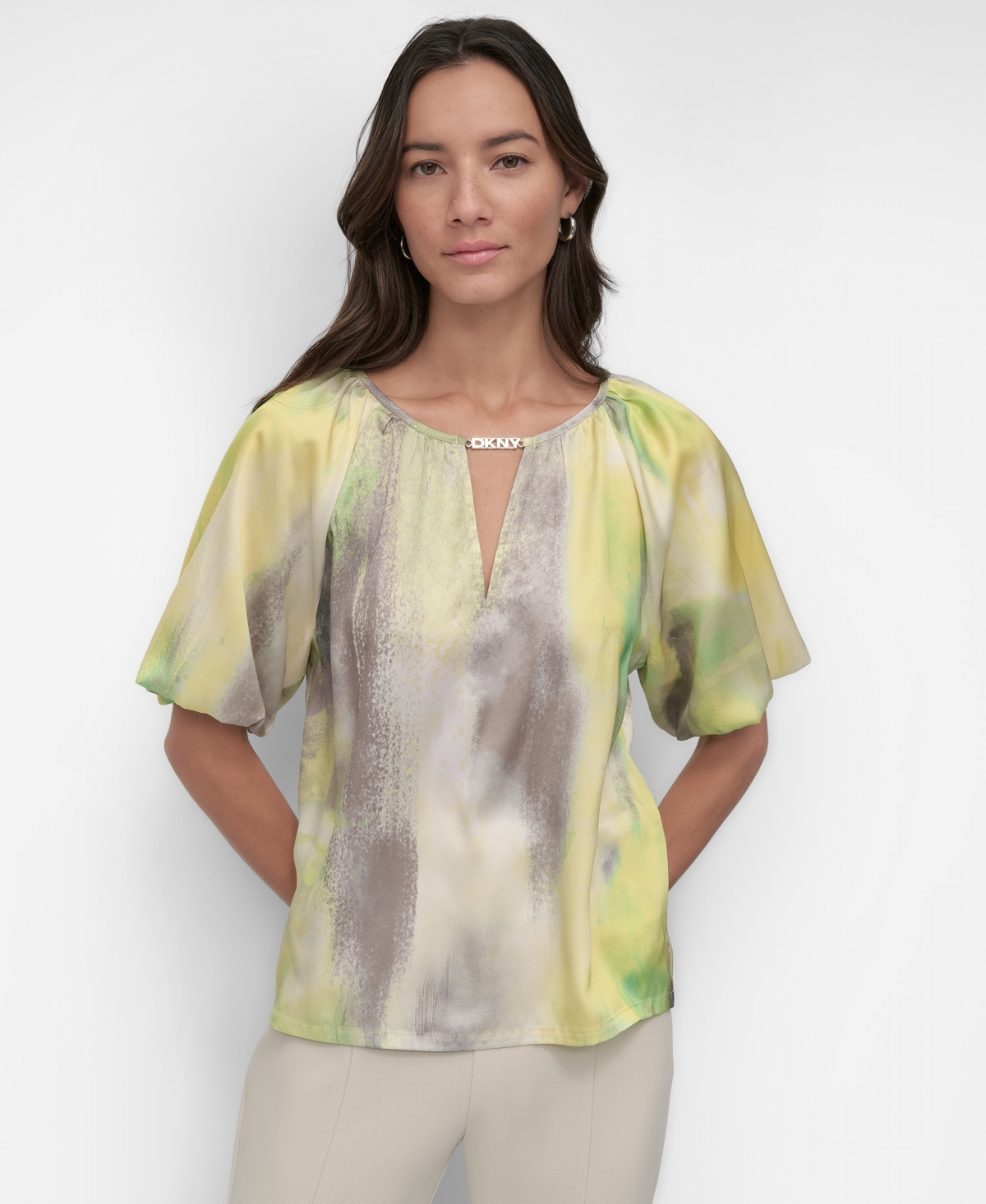 Women's Printed Puff-Sleeve Keyhole Blouse - Watercolor Hues