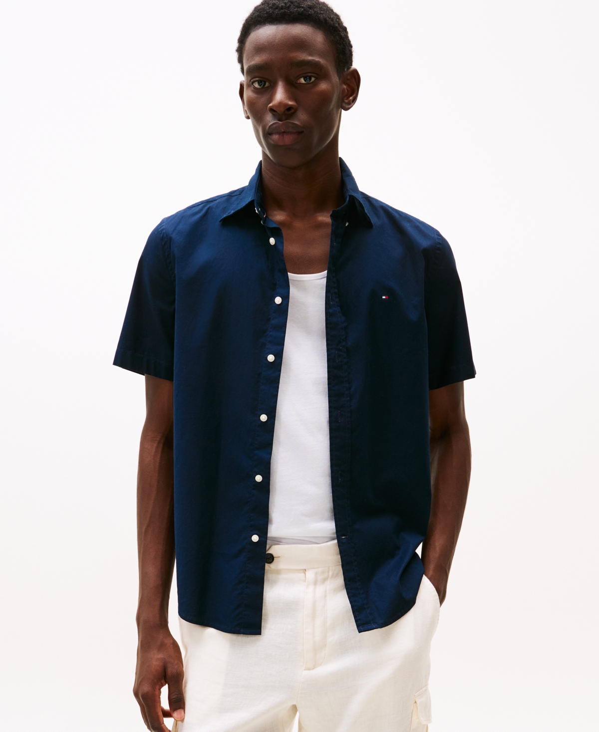 Tommy Hilfiger Men's Short Sleeve Flex Poplin Regular Fit Shirt - Desert Sky