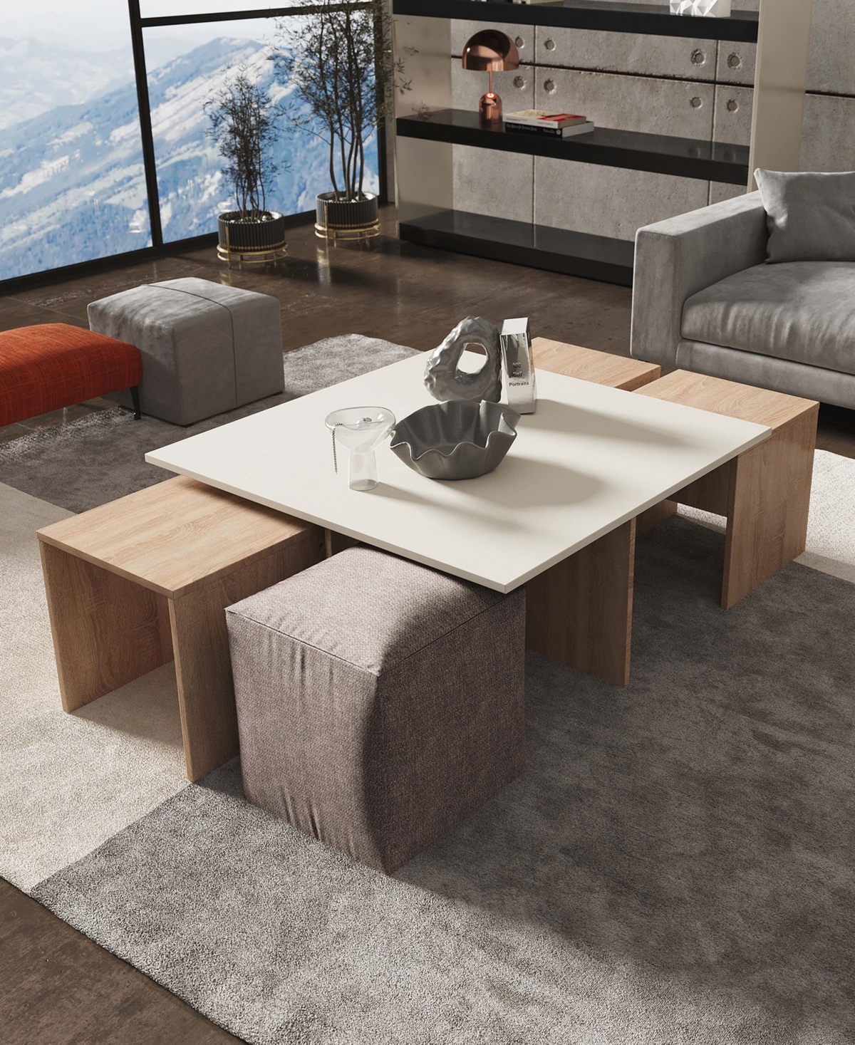 MANHATTAN COMFORT 37.4" HALEY MODERN NESTED COFFEE TABLE AND OTTOMAN SET 