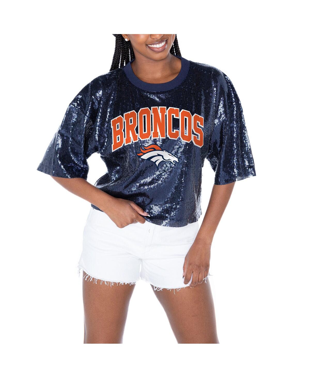 Women's Navy Denver Broncos Rise Up Sequin Cropped T-Shirt - Navy