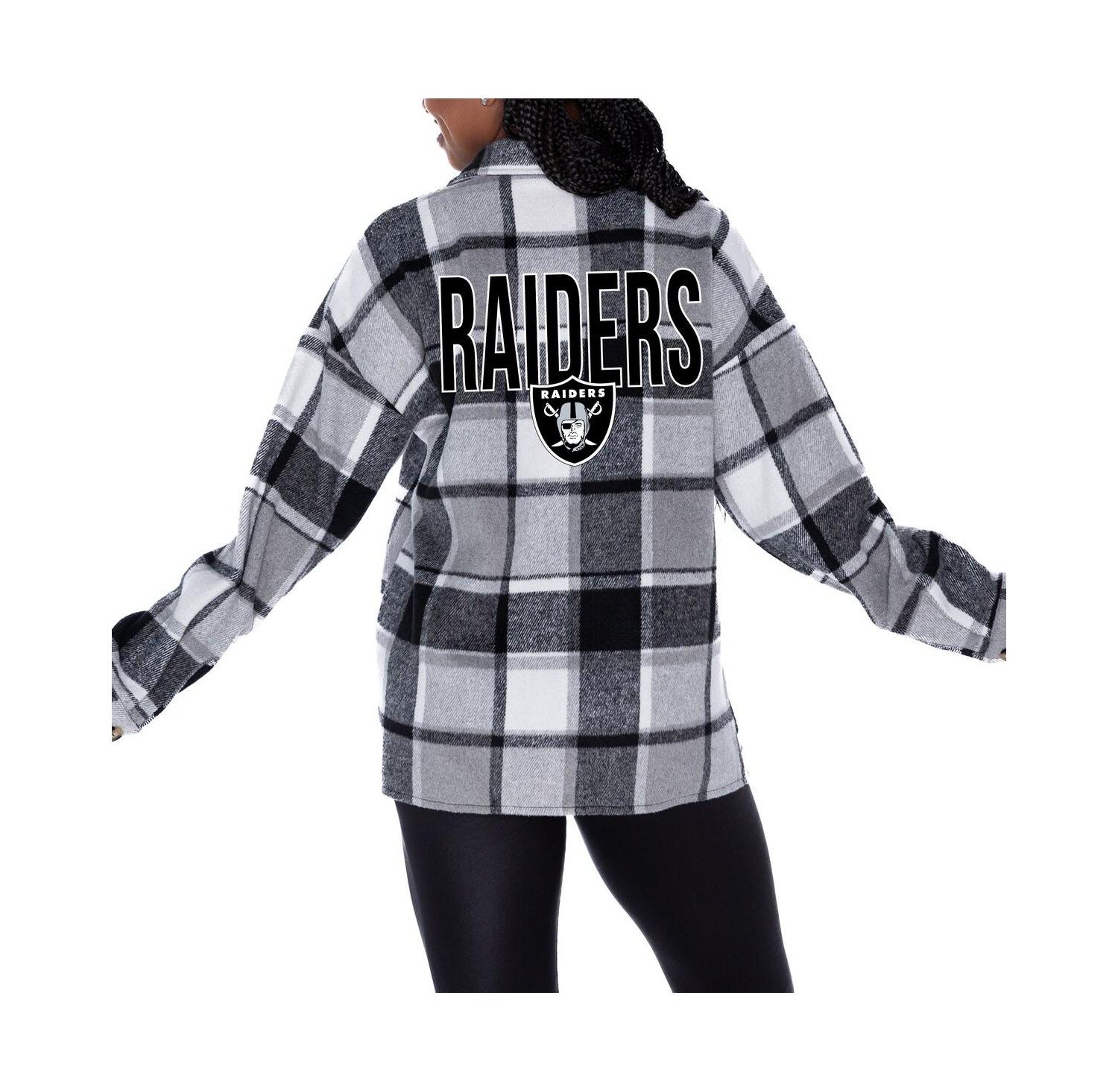 Women's Gray Las Vegas Raiders Fieldside Fun Plaid Button-Up Overshirt