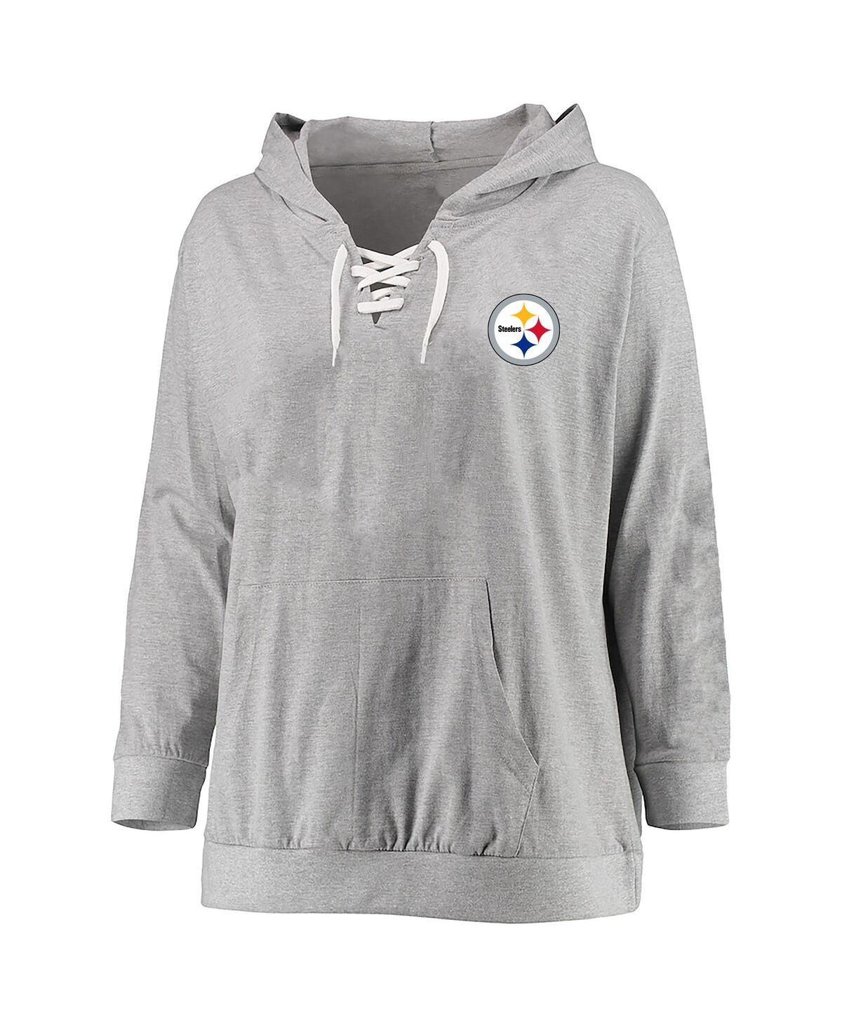 Fanatics Women's Heather Gray Pittsburgh Steelers Plus Size Lace-up Pullover Hoodie