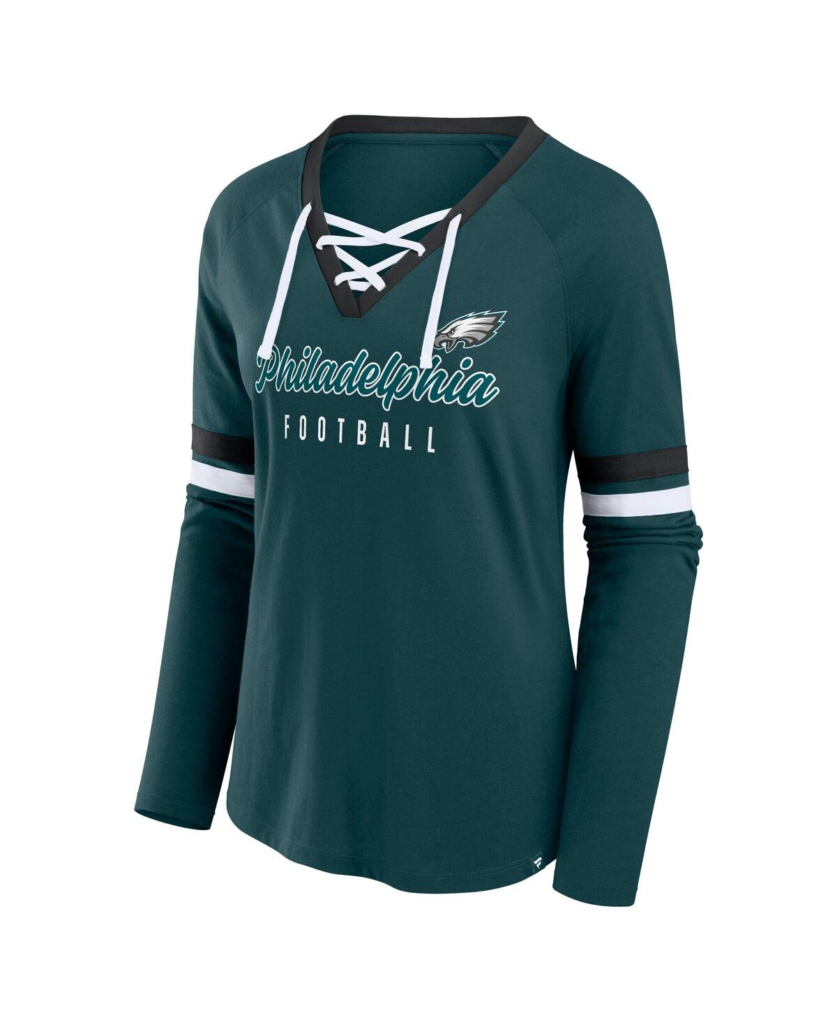 FANATICS WOMEN'S GREEN PHILADELPHIA EAGLES PLUS SIZE WON DONE LACE-UP V-NECK LONG SLEEVE T-SHIRT 