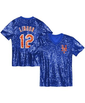 Outerstuff - Juniors Francisco Lindor Royal New York Mets Name Number Sequin V-Neck Top