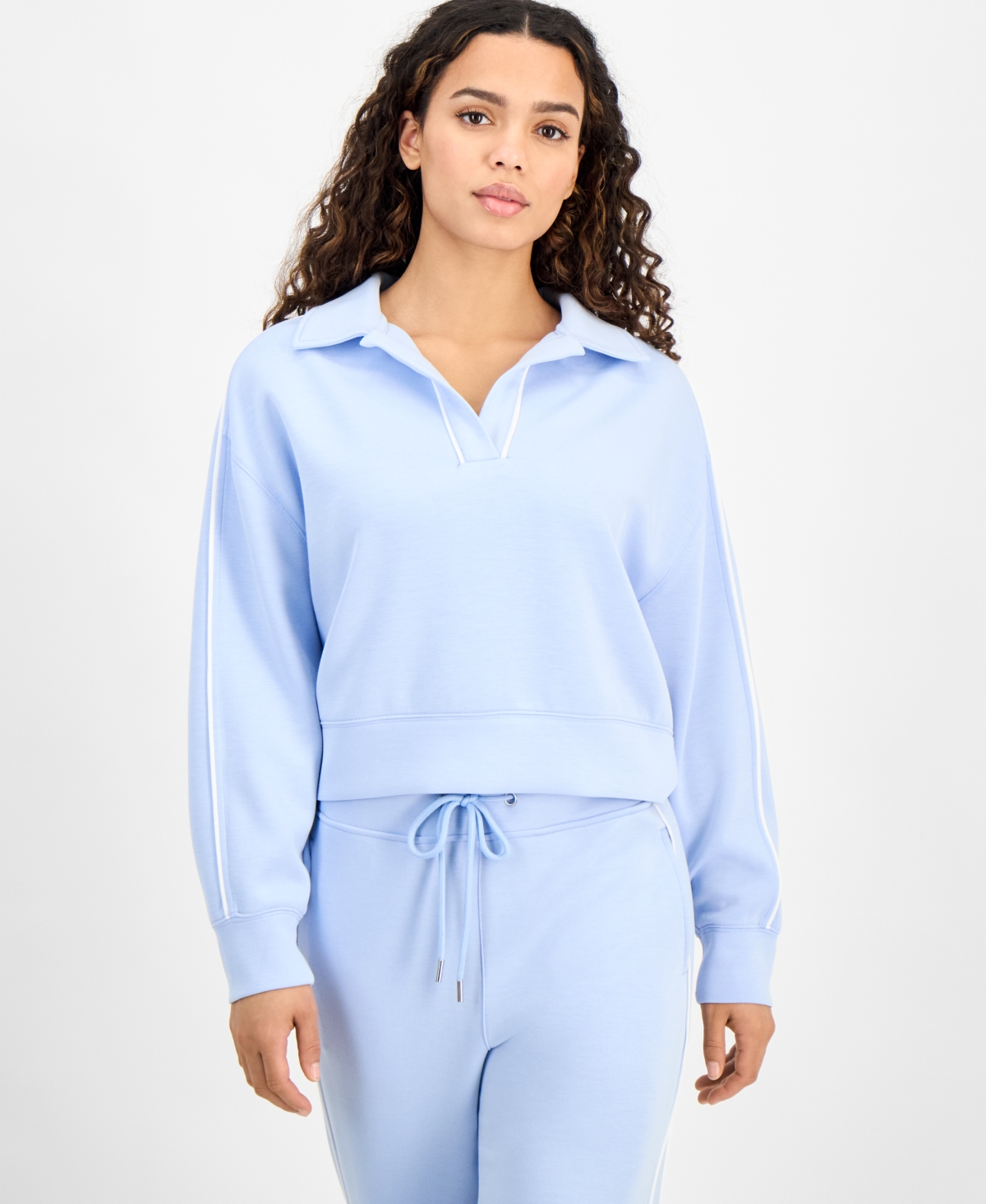 Petite Piped-Trim Cropped Spread-Collar Sweatshirt, Exclusively at Macy's - Blue Fall