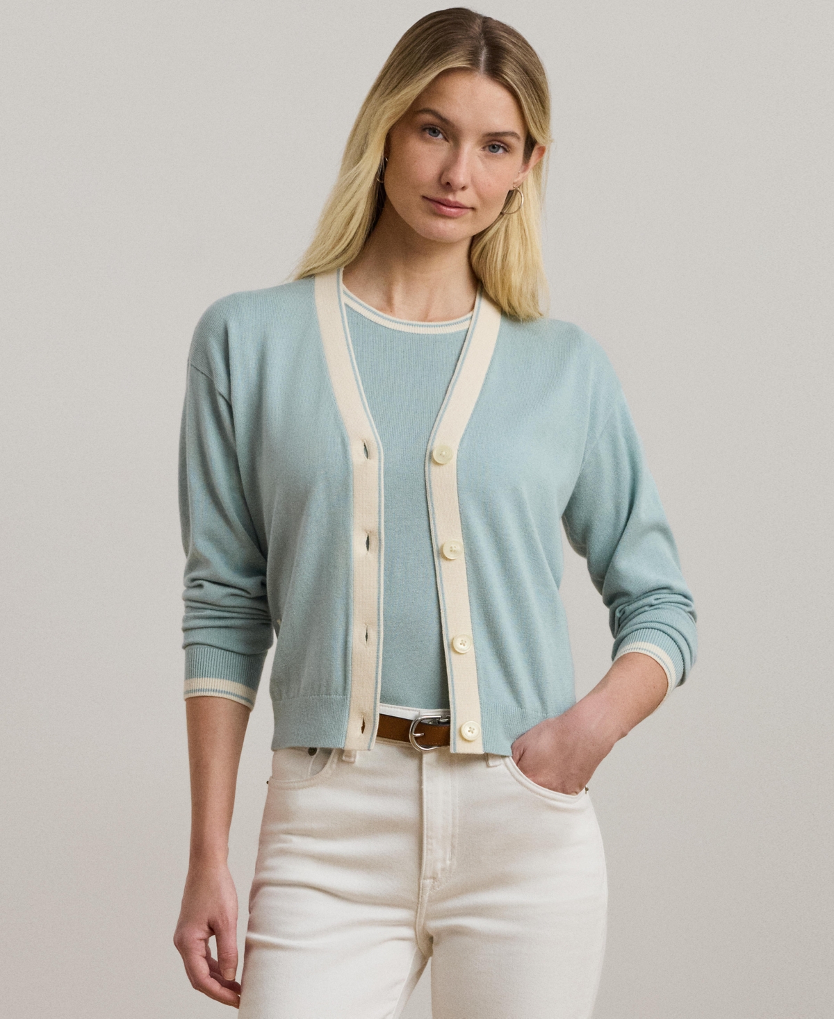 RALPH LAUREN WOMEN'S TWO-TONE COTTON-BLEND CARDIGAN 