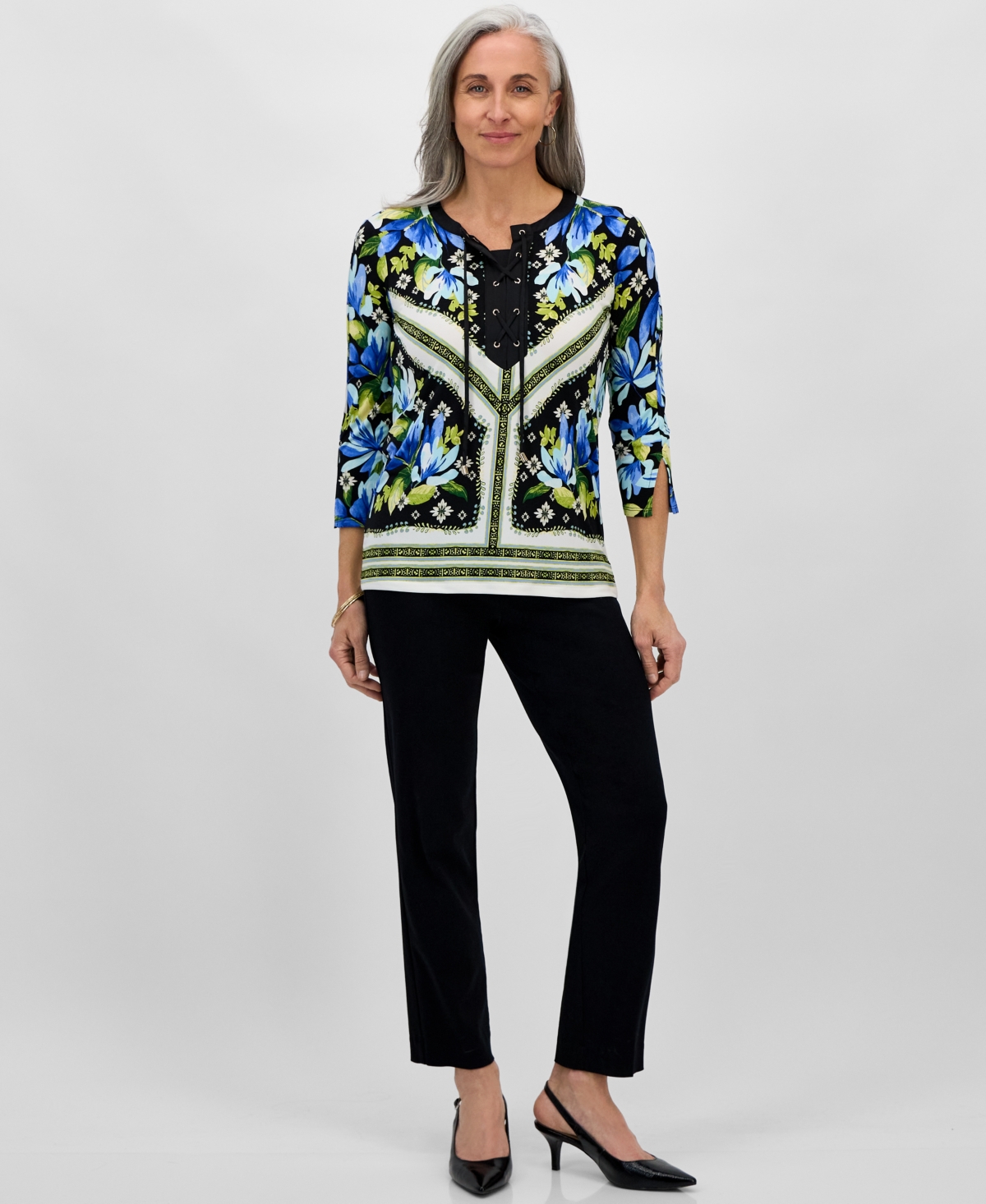 Macy's Jm Collection Petite Printed Lace-up 3/4-sleeve Top, Exclusively At  In Deep Black