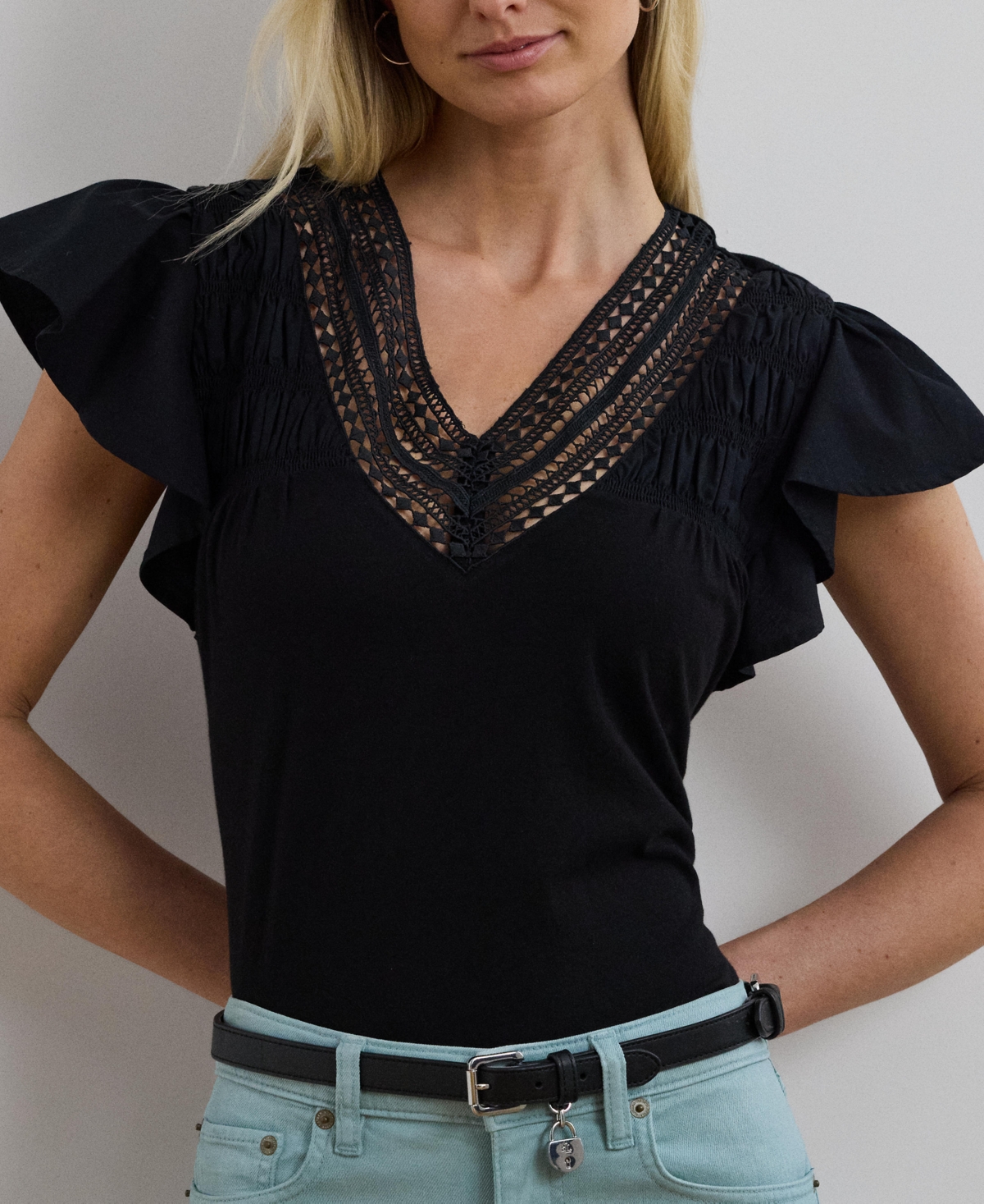Shop Ralph Lauren Women's Lace-trim Jersey Flutter-sleeve Tee In Black