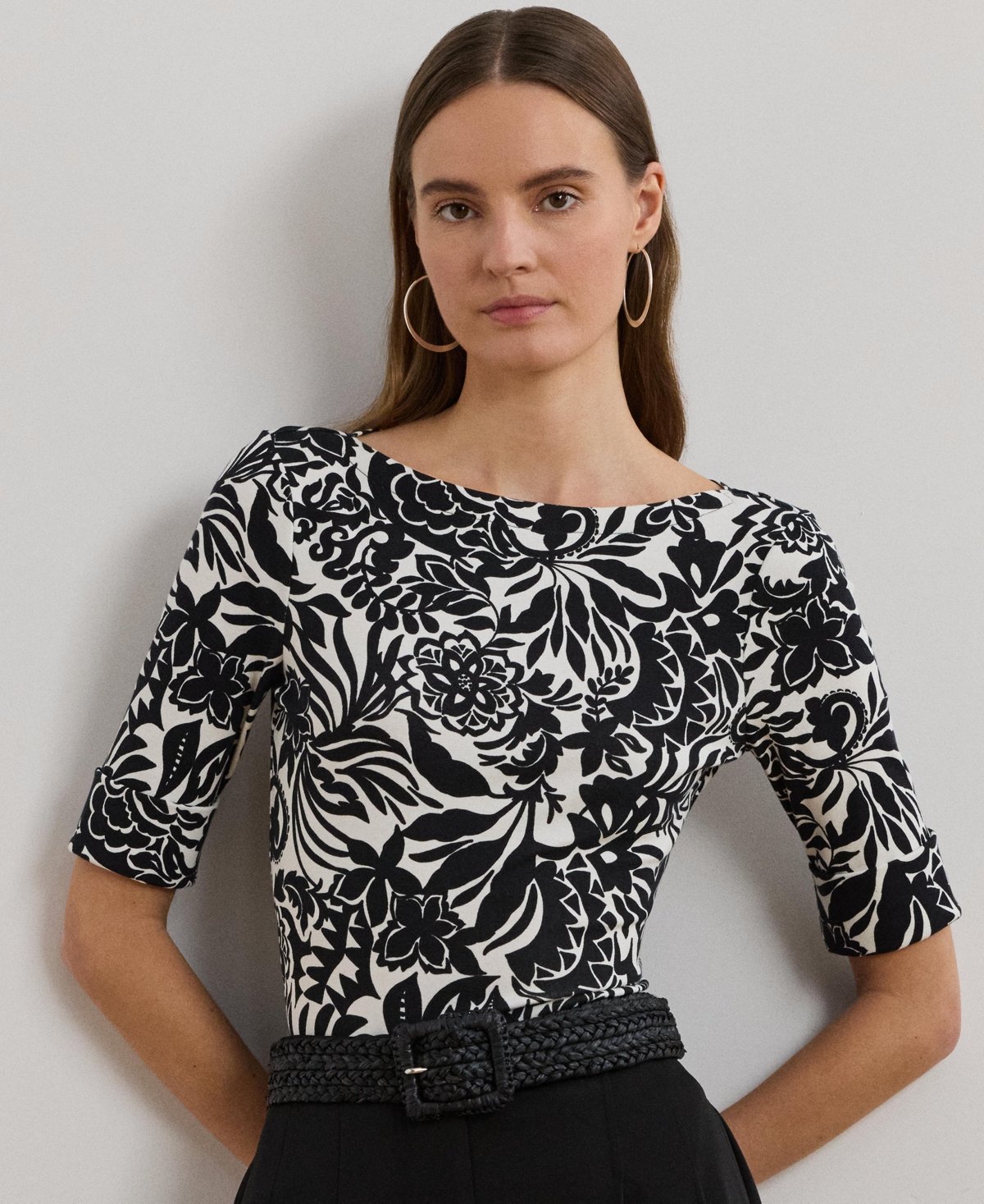 Women's Floral Stretch Cotton Boatneck Tee - Cream/Black