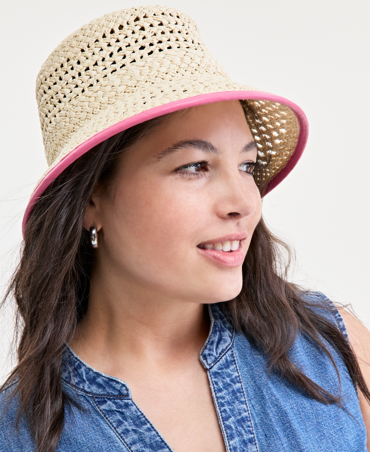 On 34th Faux-leather-trim Straw Bucket Hat, Exclusively At Macy's In Med Beige