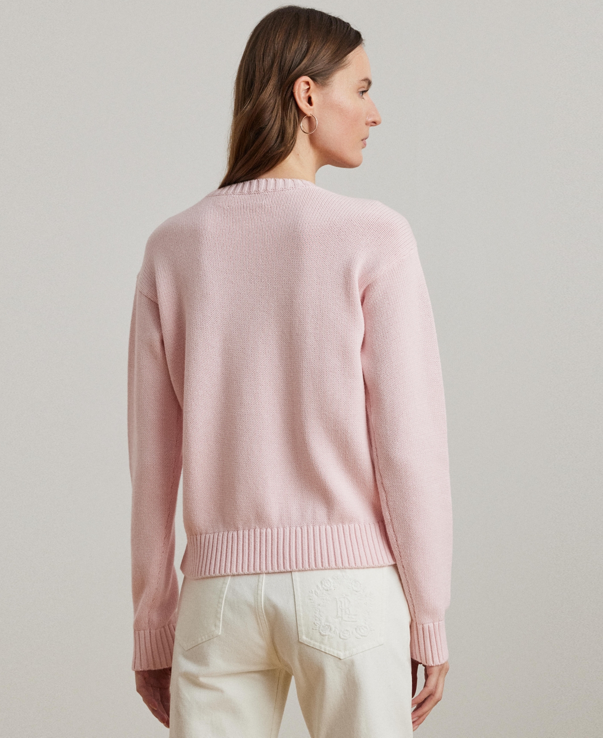 Shop Ralph Lauren Women's Floral-logo Combed Cotton Sweater, Regular & Petite In Hint Of Pink
