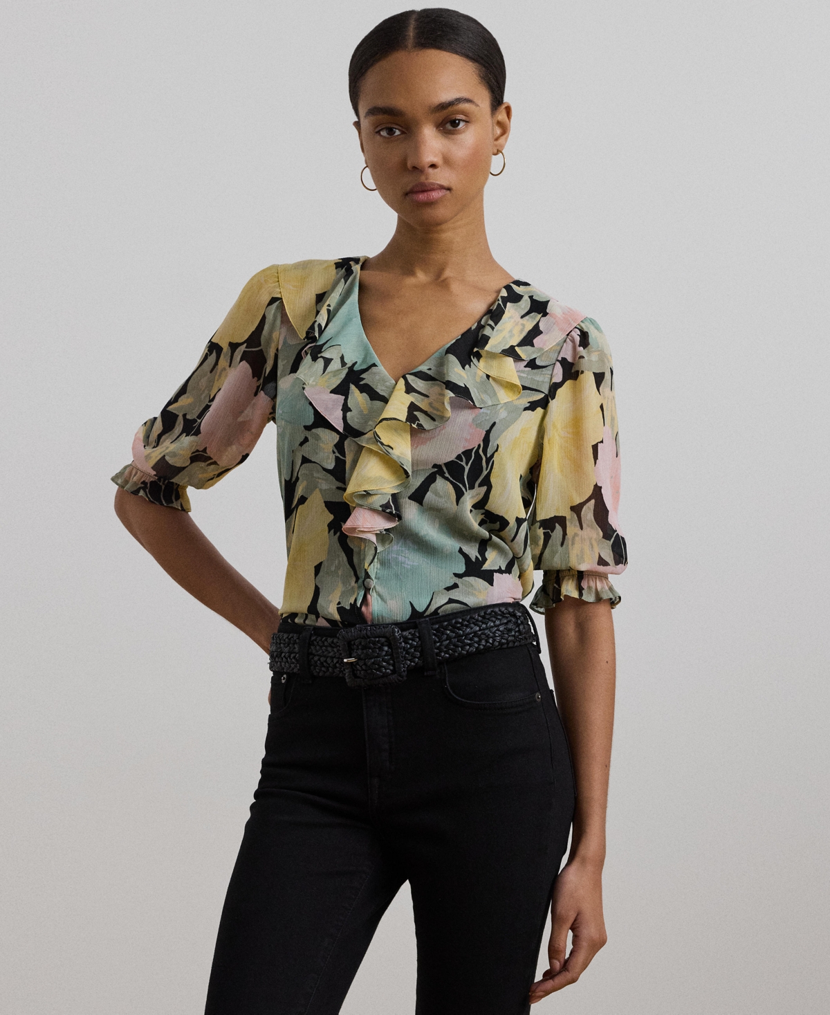 Shop Ralph Lauren Women's Floral Georgette Ruffle-trim Blouse, Regular & Petite In Black,pink,green
