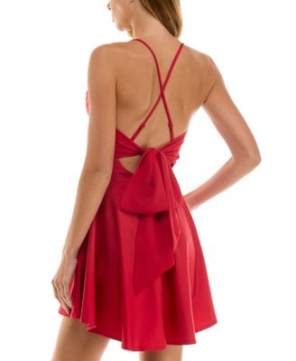 Juniors' Draped Sleeveless Satin Fit & Flare Dress