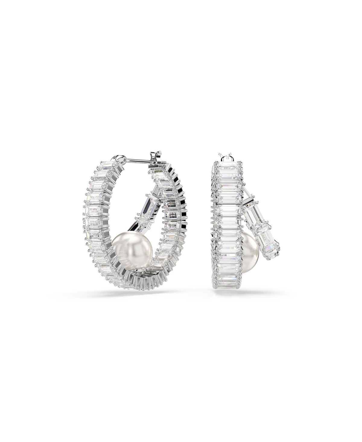 Swarovski Baguette Cut White Rhodium Plated Hoop Earrings In White