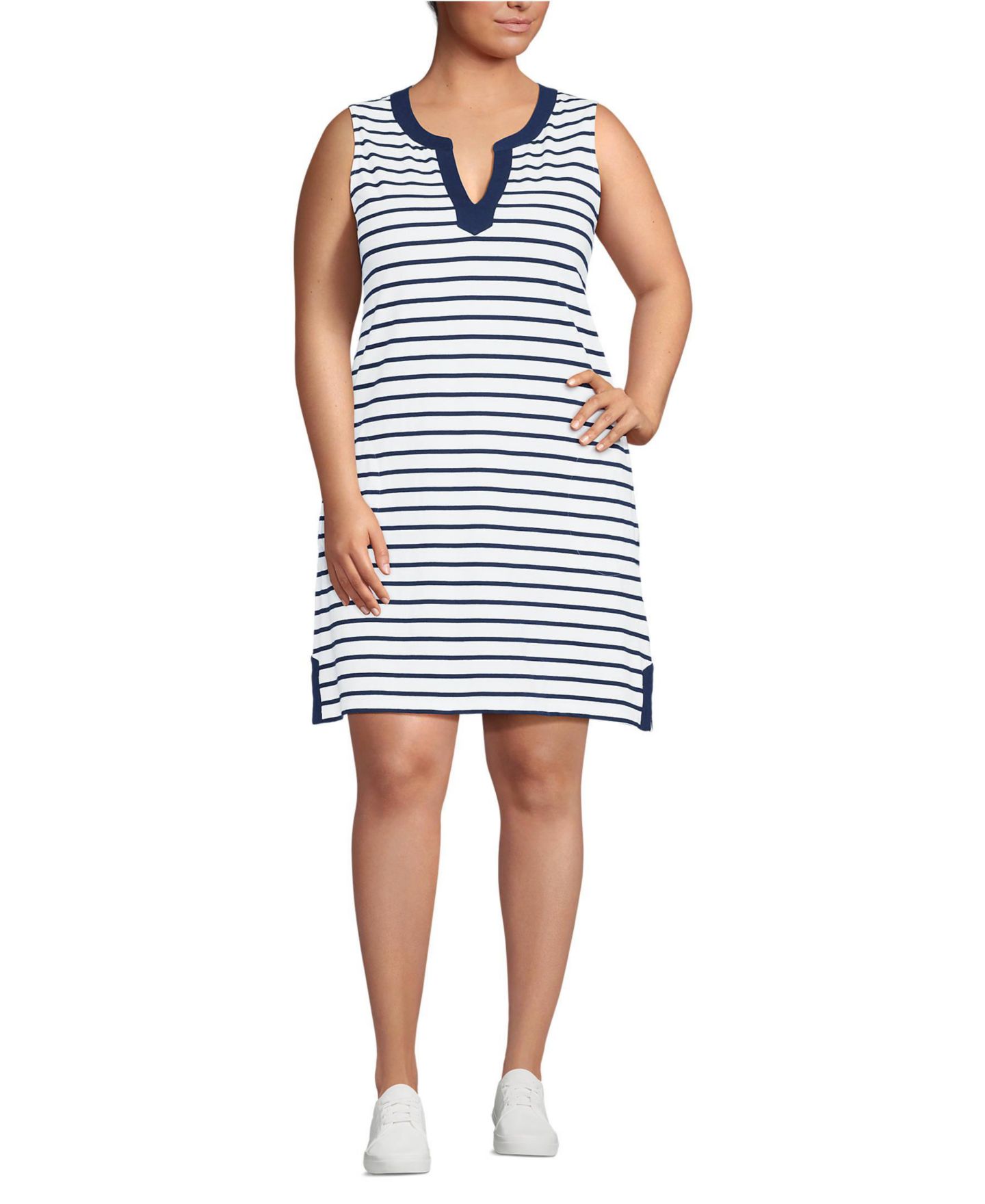 Женское платье Lands' End Plus Size Cotton Jersey Notch Neck, цвет: Тёмно-синий / Белый полосатый — фото 1