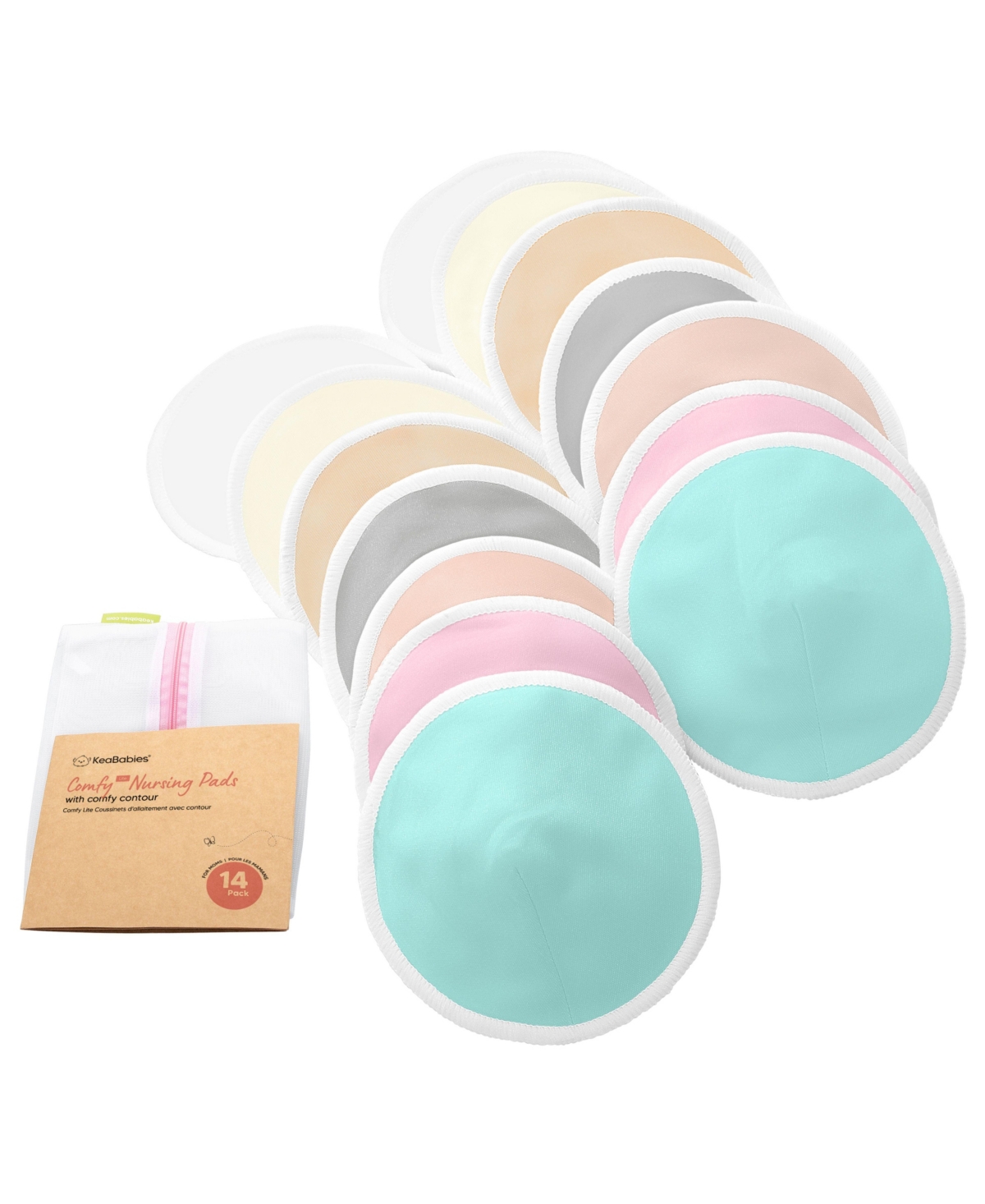 Maternity 14pk Organic Nursing Pads Lite, Washable Breast Pads + Wash Bag, Reusable Nipple Pads - Pastel Touch