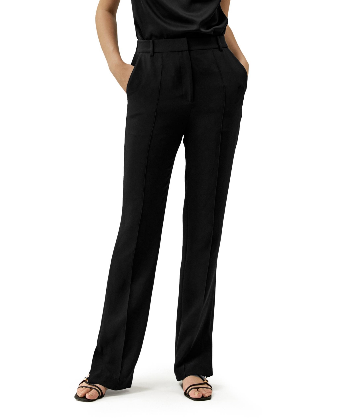 Women's Silk Straight Leg Trousers with Side Slit - Black