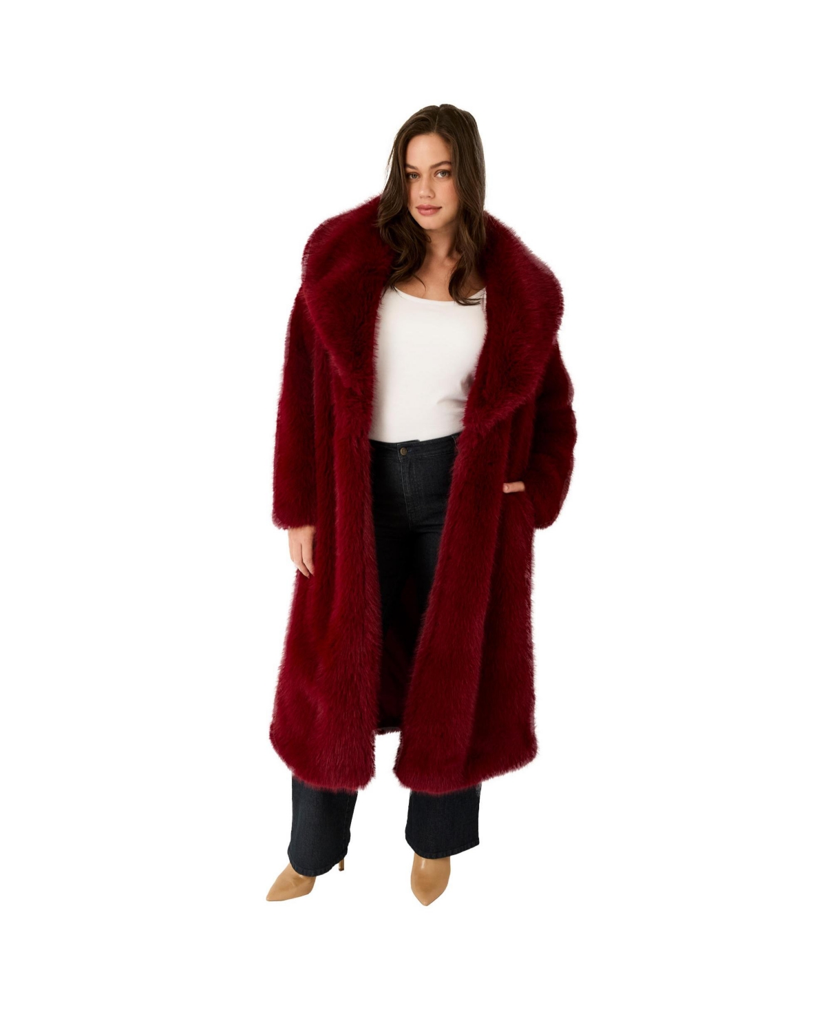 Plus Size June + Vie Shaggy Faux Fur Coat - Maroon banner