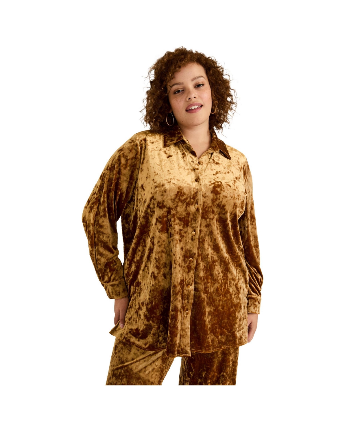 Plus Size June + Vie Crushed Velvet Button-Down Top - Nugget gold