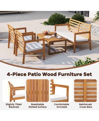 4 PCS Wood Patio Furniture Set w/ Soft Seat Cushions Solid Acacia Wood Frame