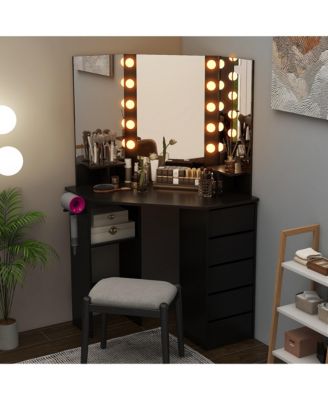 Corner Vanity Desk Cosmetic Vanity Station with LED Mirror,& Power Outlets