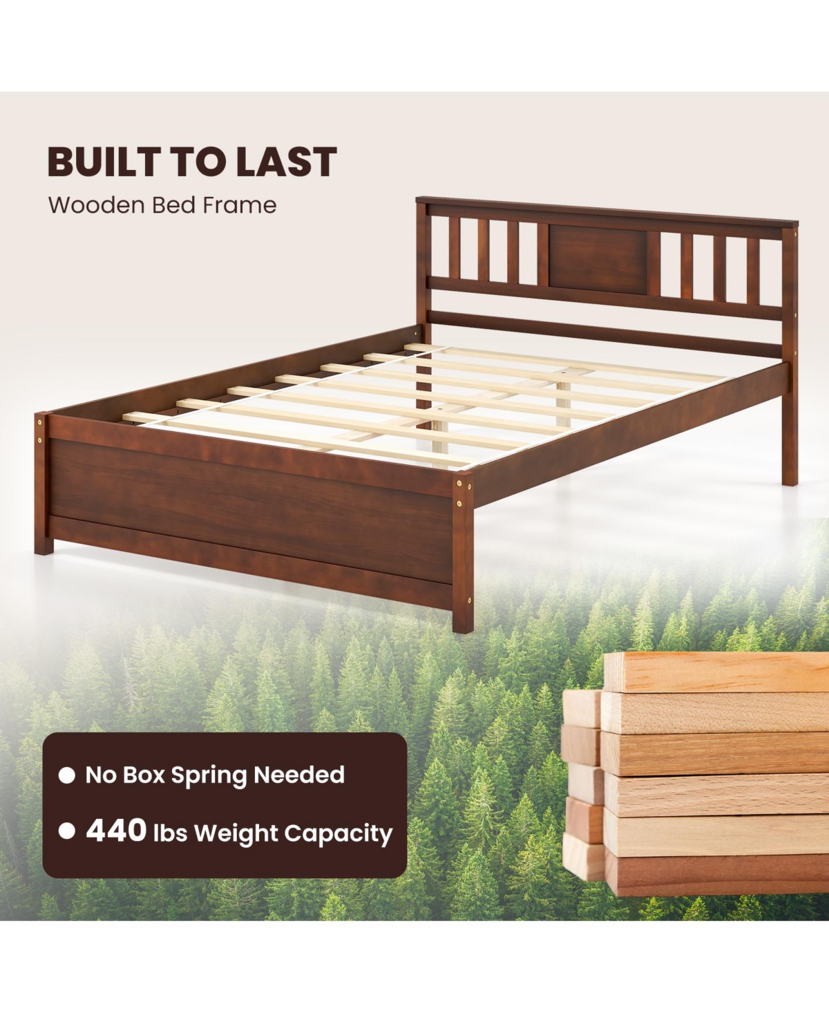Wooden Platform Bed with Headboard and Slat Support