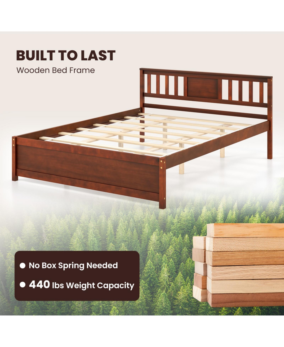 Wooden Platform Bed with Headboard and Slat Support