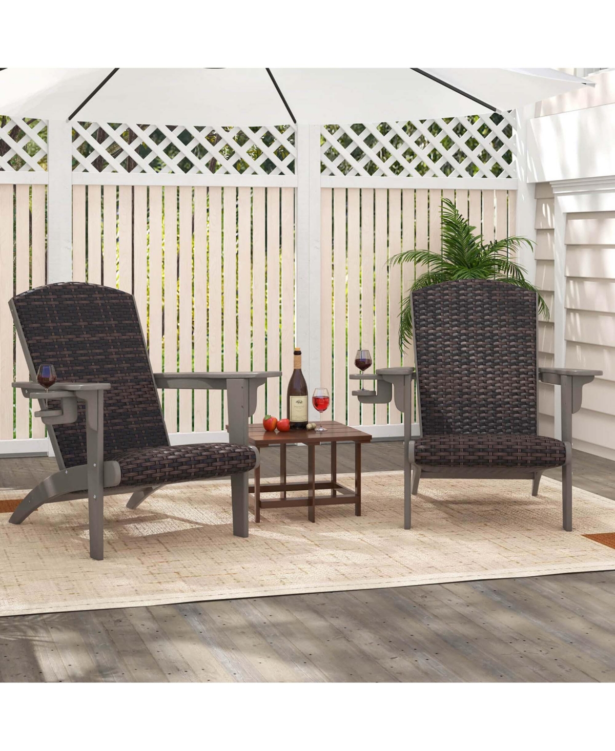 Patio Adirondack Chair with Rattan Padded Seat Wide Armrests & Hidden Cupholder