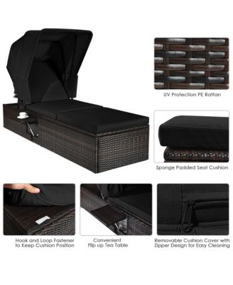 2PCS Patio Rattan Lounge Chair Chaise Cushion Canopy Adjustable Tea Table