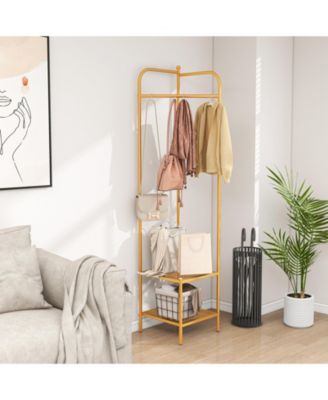 Corner Coat Rack with Top Hanger and 2 Mesh Shelves for Entryway, Hallway, Living Room, or Bedroom Storage