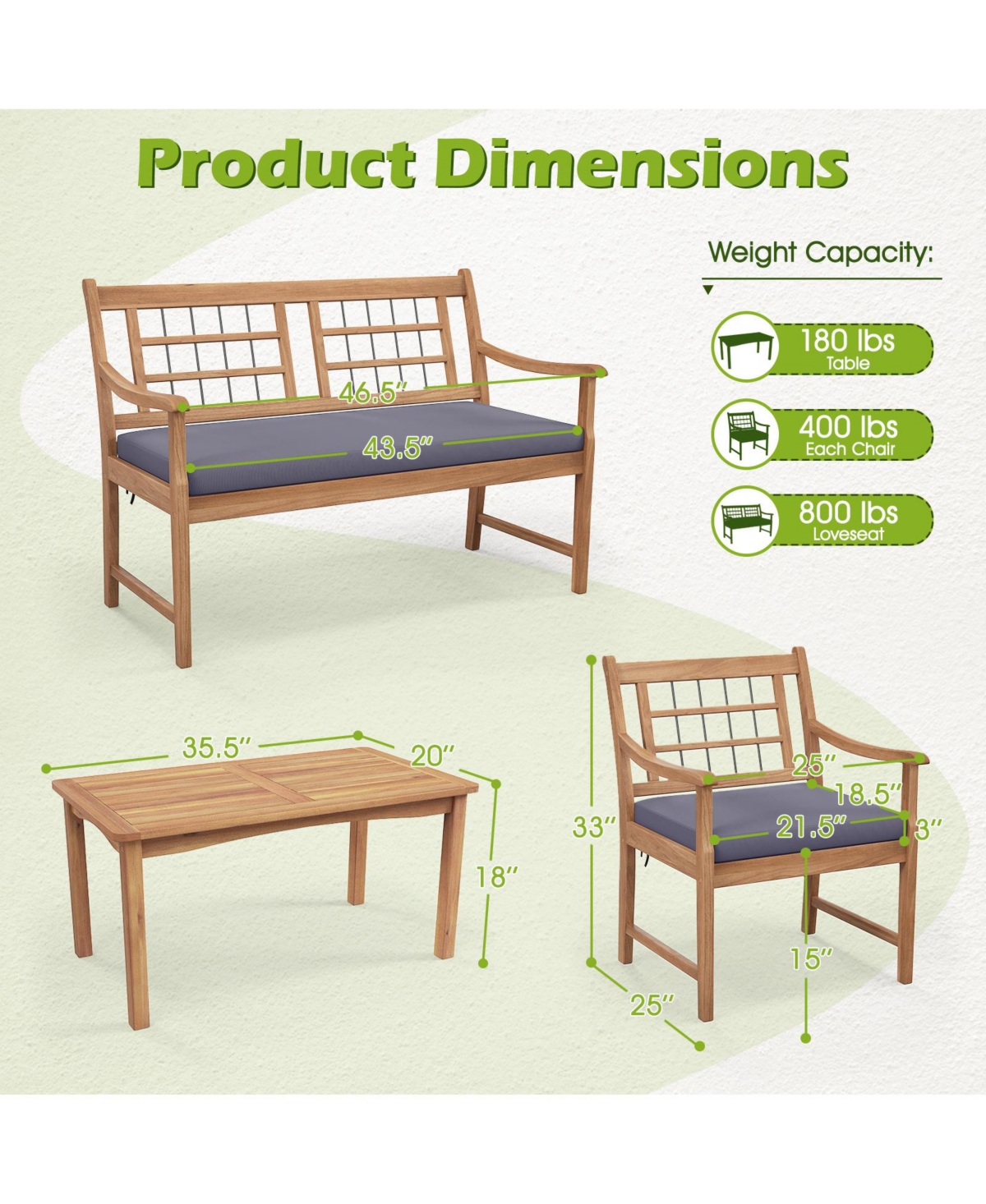 4 Piece Wood Patio Furniture with Armchairs Loveseat and Coffee Table