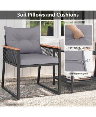 3 PCS Patio Furniture Set PE Rattan Wicker Chairs w/ 2 Tier Coffee Table Soft Back