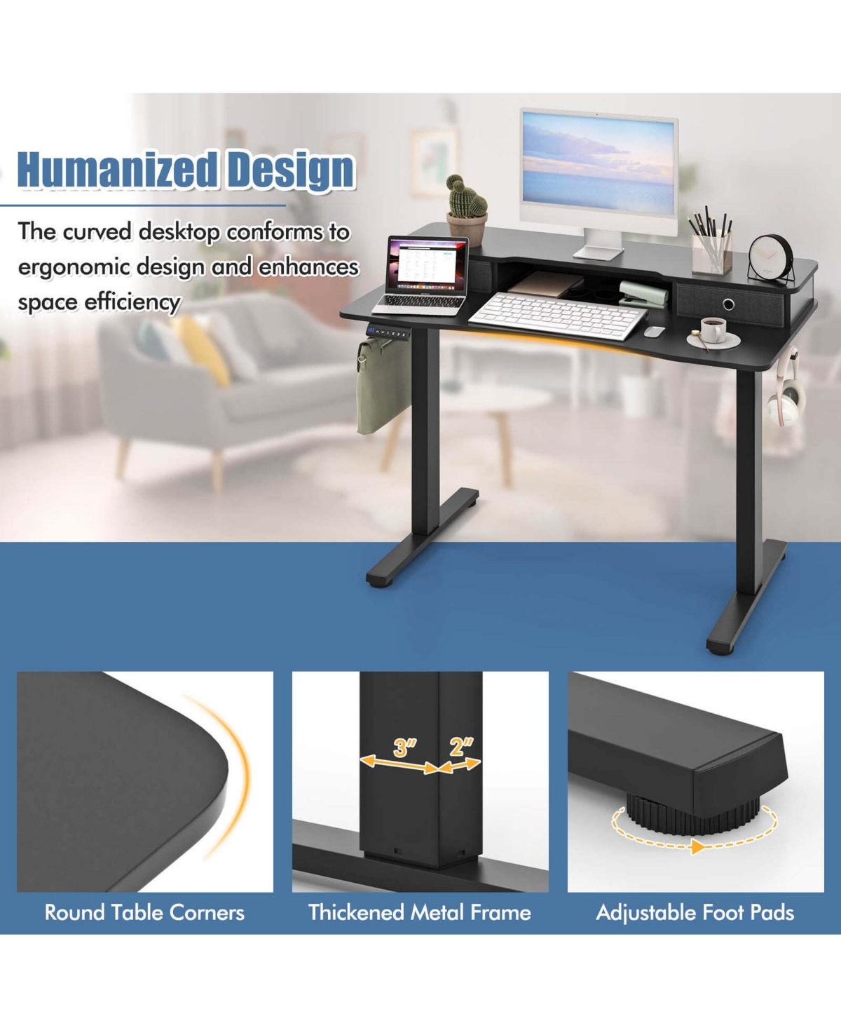 48"x 24" Electric Standing Desk with 2 Drawers Monitor Stand Storage Shelf