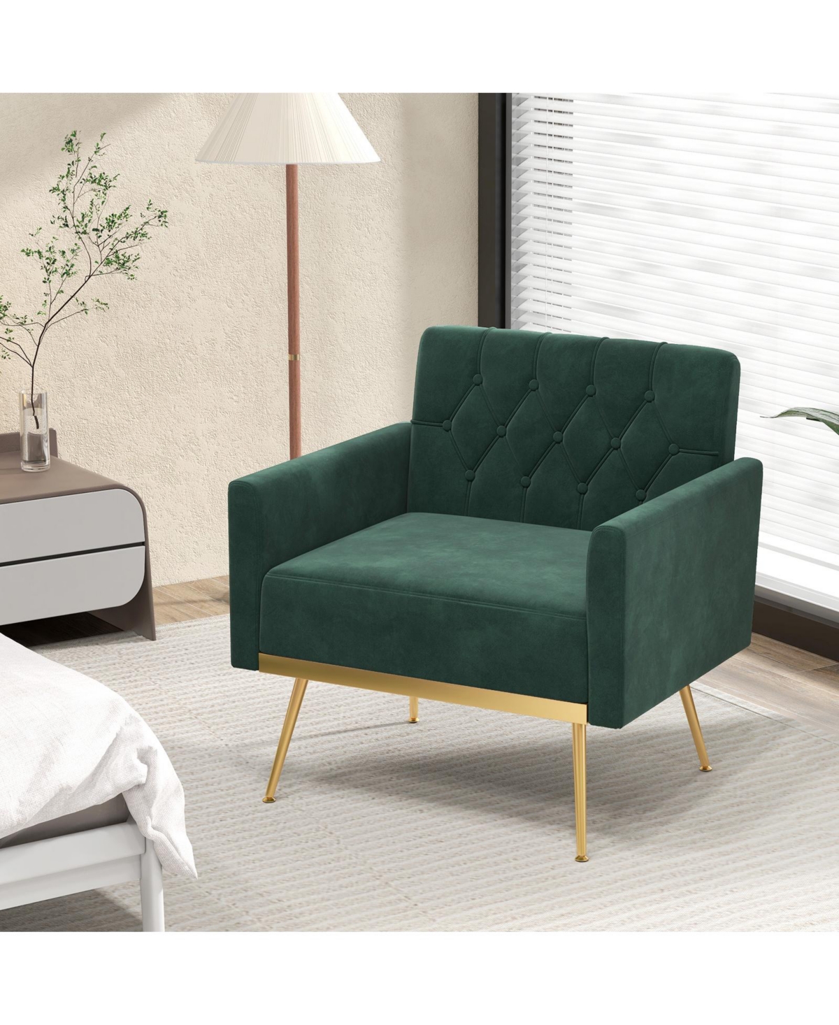 Modern Velvet Accent Chair with Button Tufted Back Metal Legs and Adjustable Foot Pads
