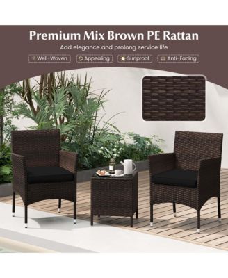 3 PCS Outdoor Conversation Set with Cushioned Seat & Tempered Glass Tabletop