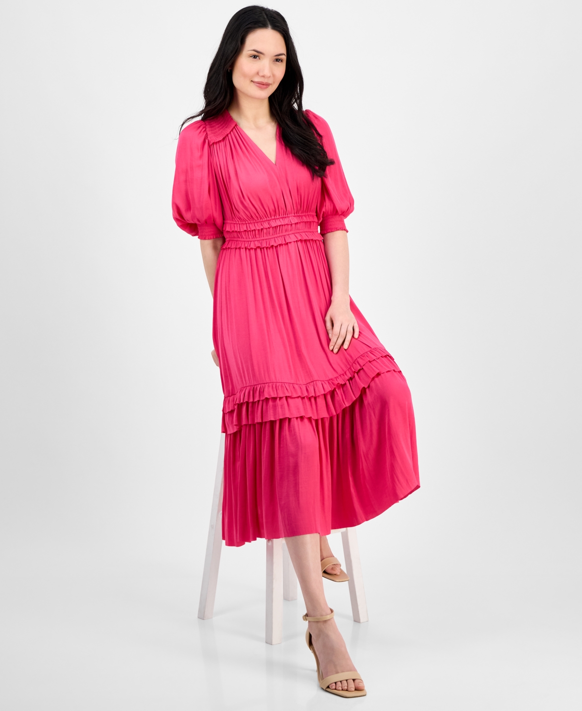 T Tahari Women's V-neck Smocked-waist Tiered Dress In Tulip Pink