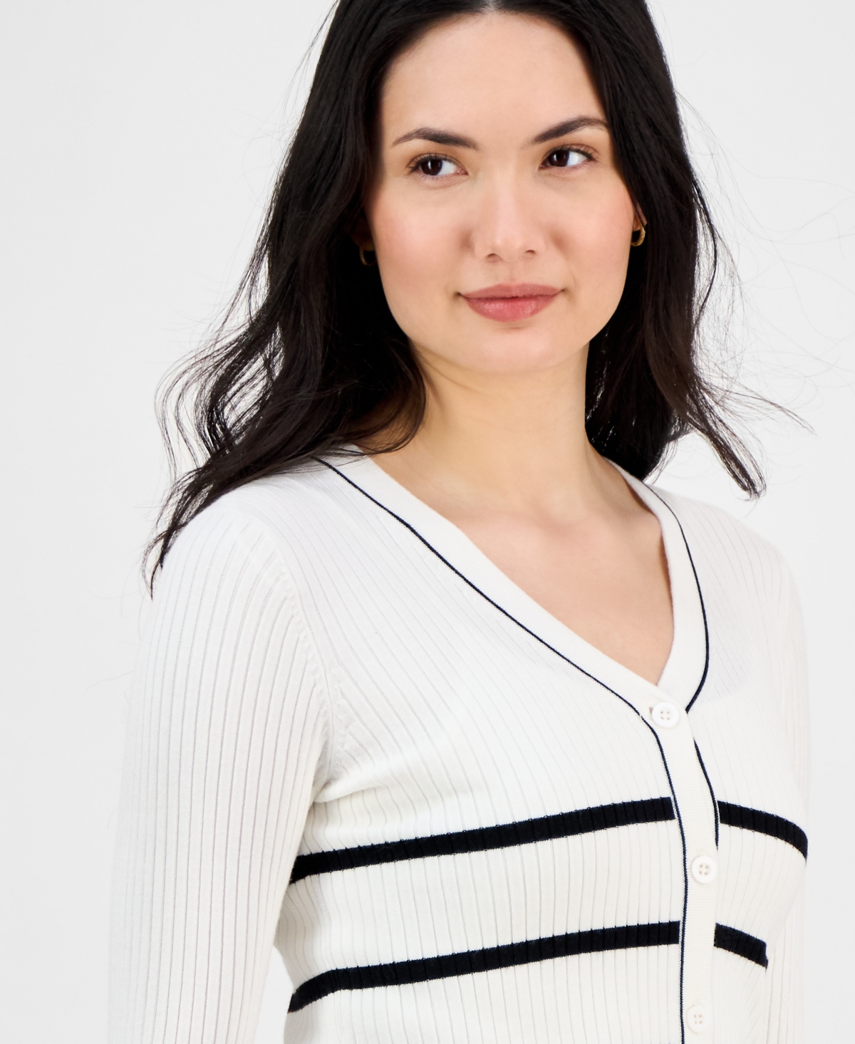 T Tahari Women's V-neck Button-front Long-sleeve Cardigan In White Star With Black Stripe
