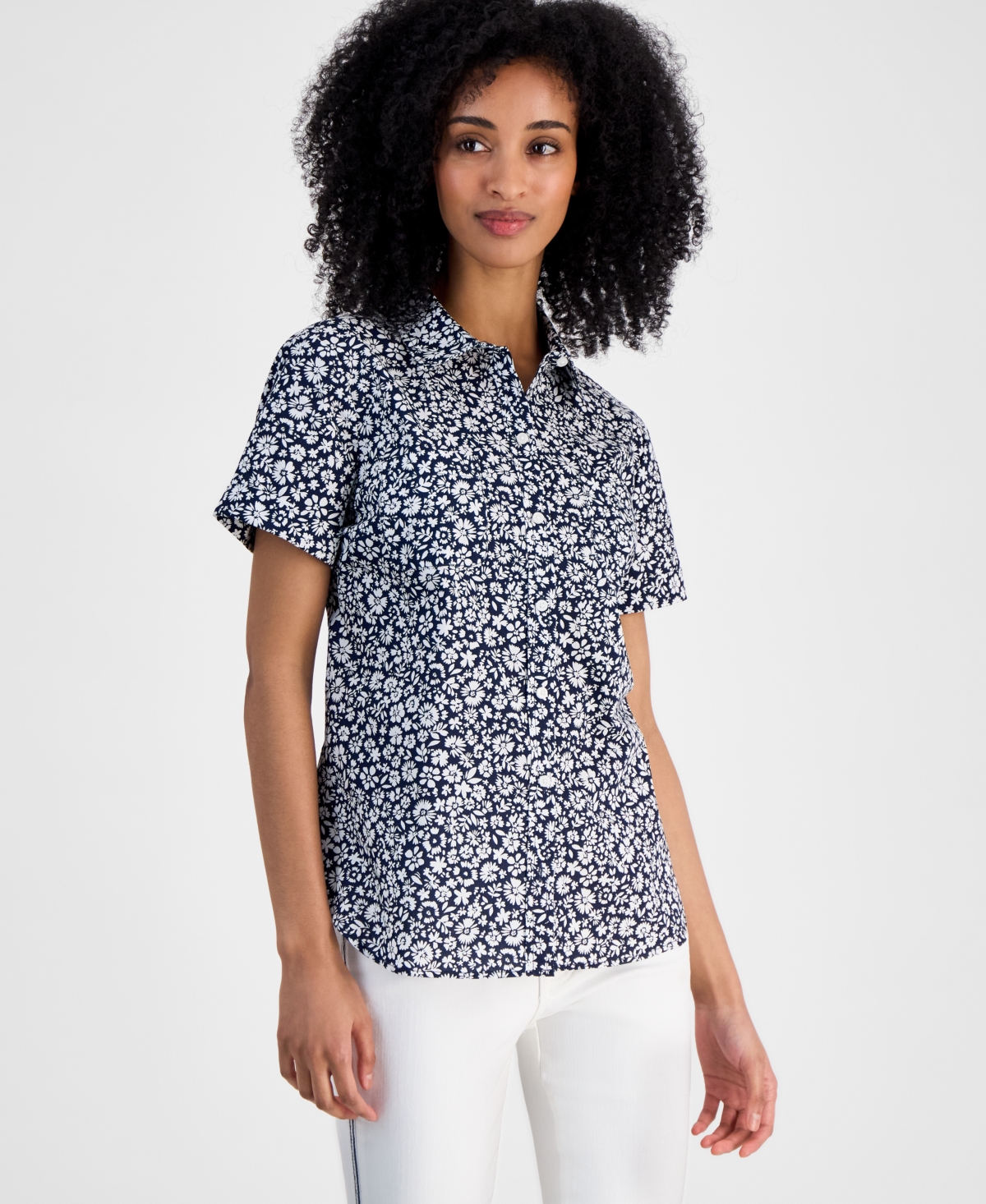 Women's Striped Cotton Camp Shirt - Crnflr Blu