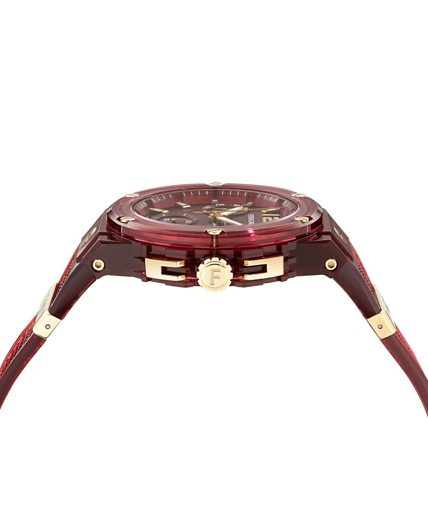 Мужские часы Ferragamo Swiss Chronograph F-80 Translucent Burgundy Polyurethane Strap Watch 44mm — фото 2