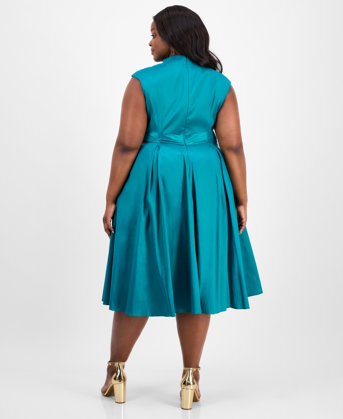 ALEX EVENINGS PLUS SIZE V-NECK SLEEVELESS TAFFETA DRESS 