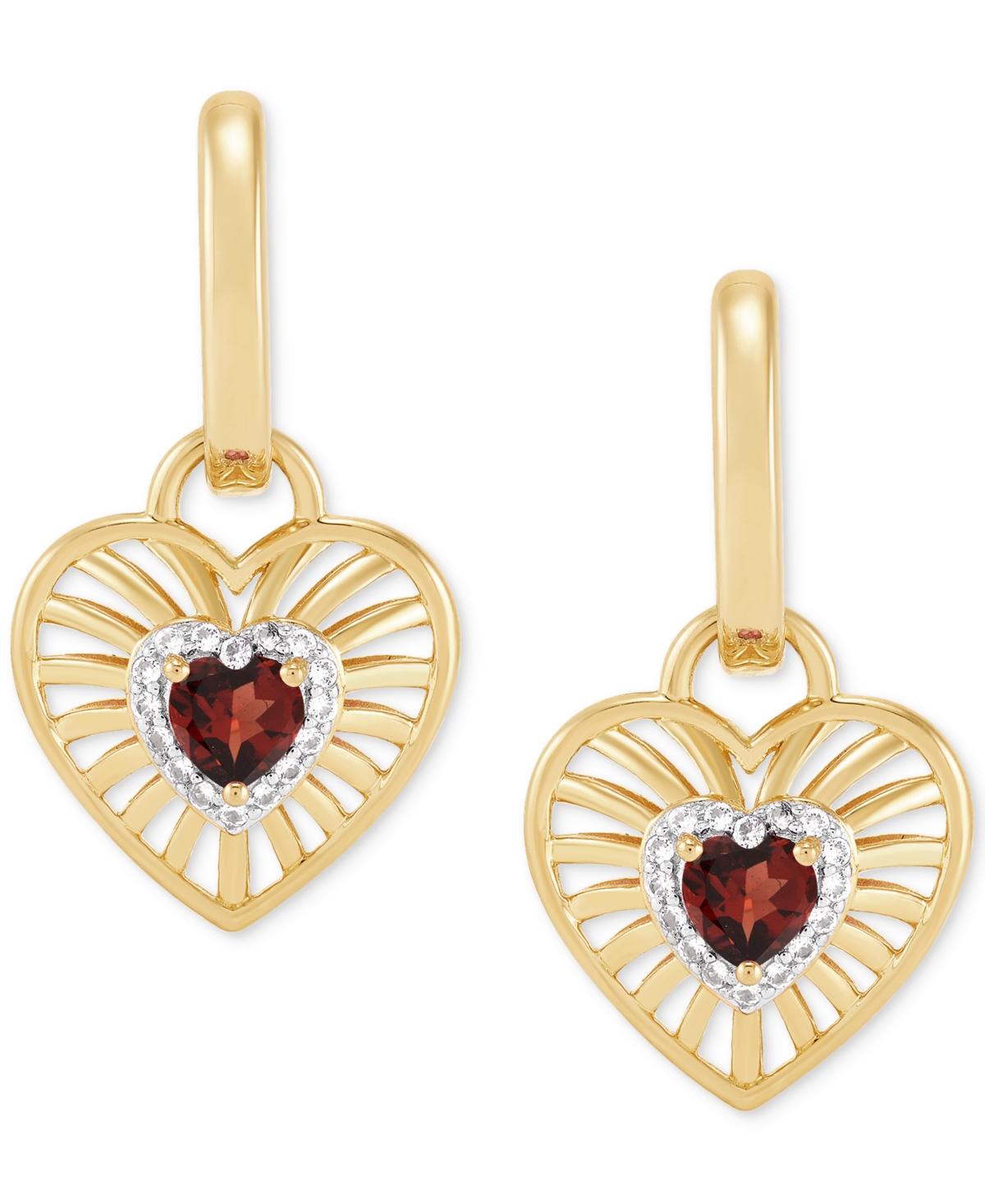 Macy's Amethyst Or Garnet (1/2 Ct. T.w.) & White Topaz (1/8 Ct. T.w.) Heart Drop Earrings In 14k Yellow Gol In Garnet