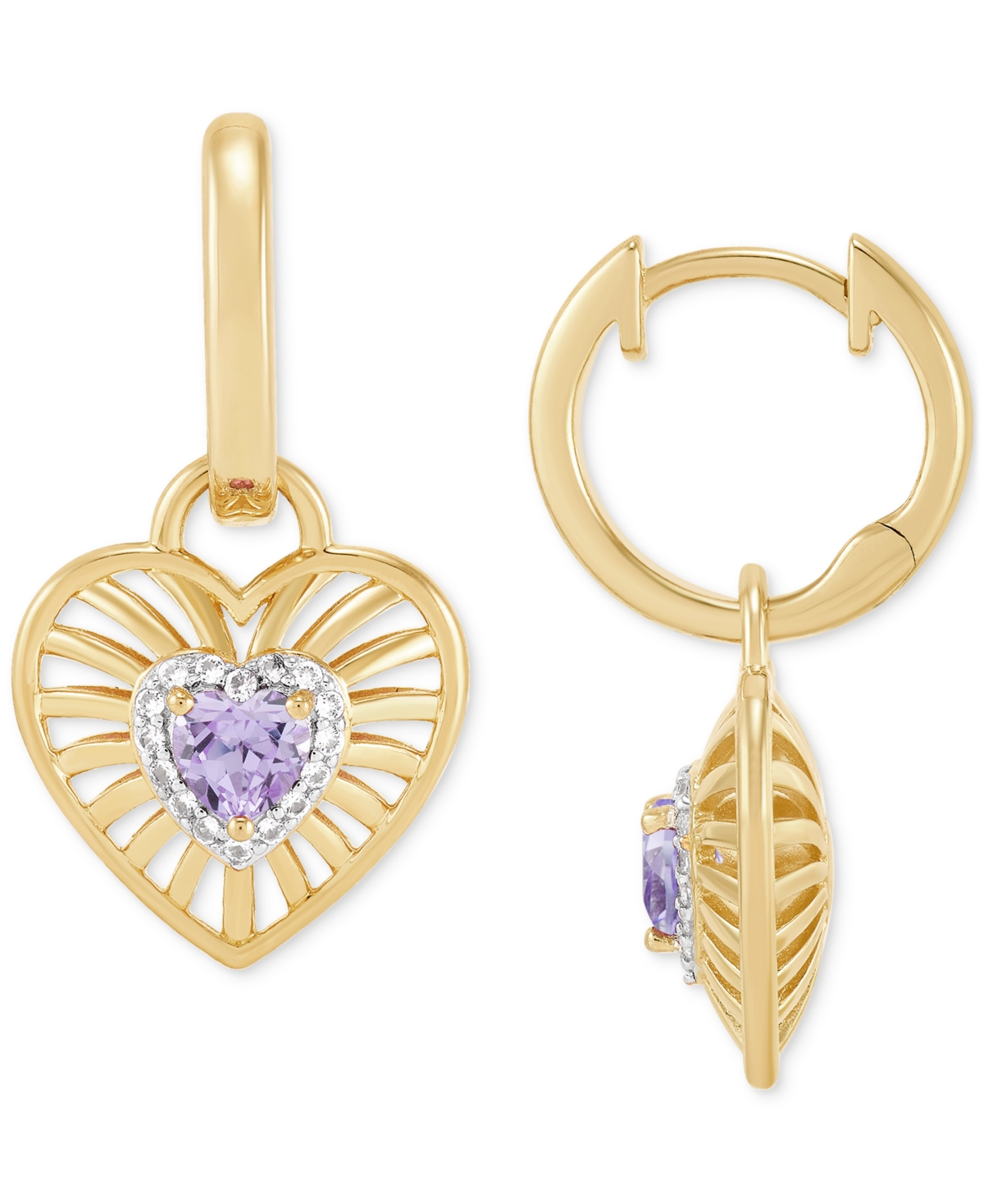 Macy's Amethyst Or Garnet (1/2 Ct. T.w.) & White Topaz (1/8 Ct. T.w.) Heart Drop Earrings In 14k Yellow Gol In Amethyst