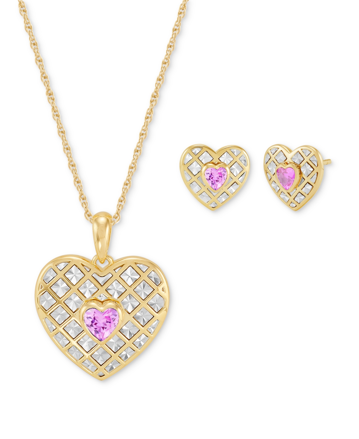 Macy's Created Ruby Or Pink Sapphire (1 Ct. T.w.) Heart Stud Earrings & Pendant Necklace In 14k Gold Over S In Pink Sapphire