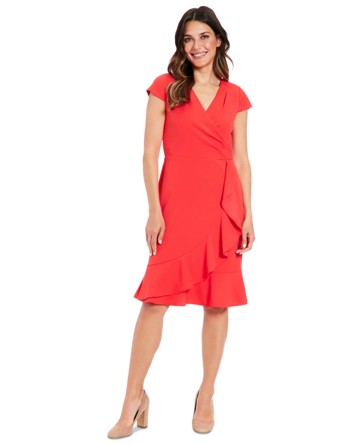 Women's Faux-Wrap Ruffle-Trim Dress - Hot Coral