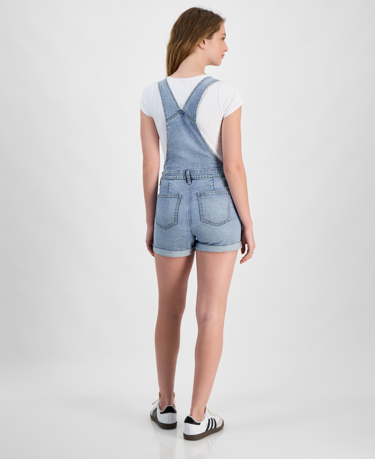 CELEBRITY PINK JUNIORS' ROLL-CUFF DENIM SHORT OVERALLS 