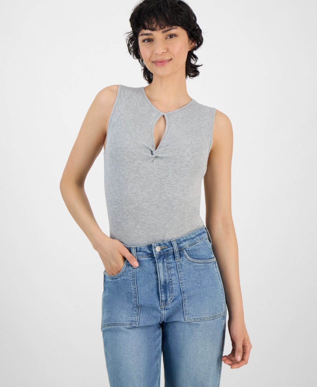 Bar Iii Women's Sleeveless Cutout Ribbed Bodysuit, Exclusively At Macy's In Heather Gr
